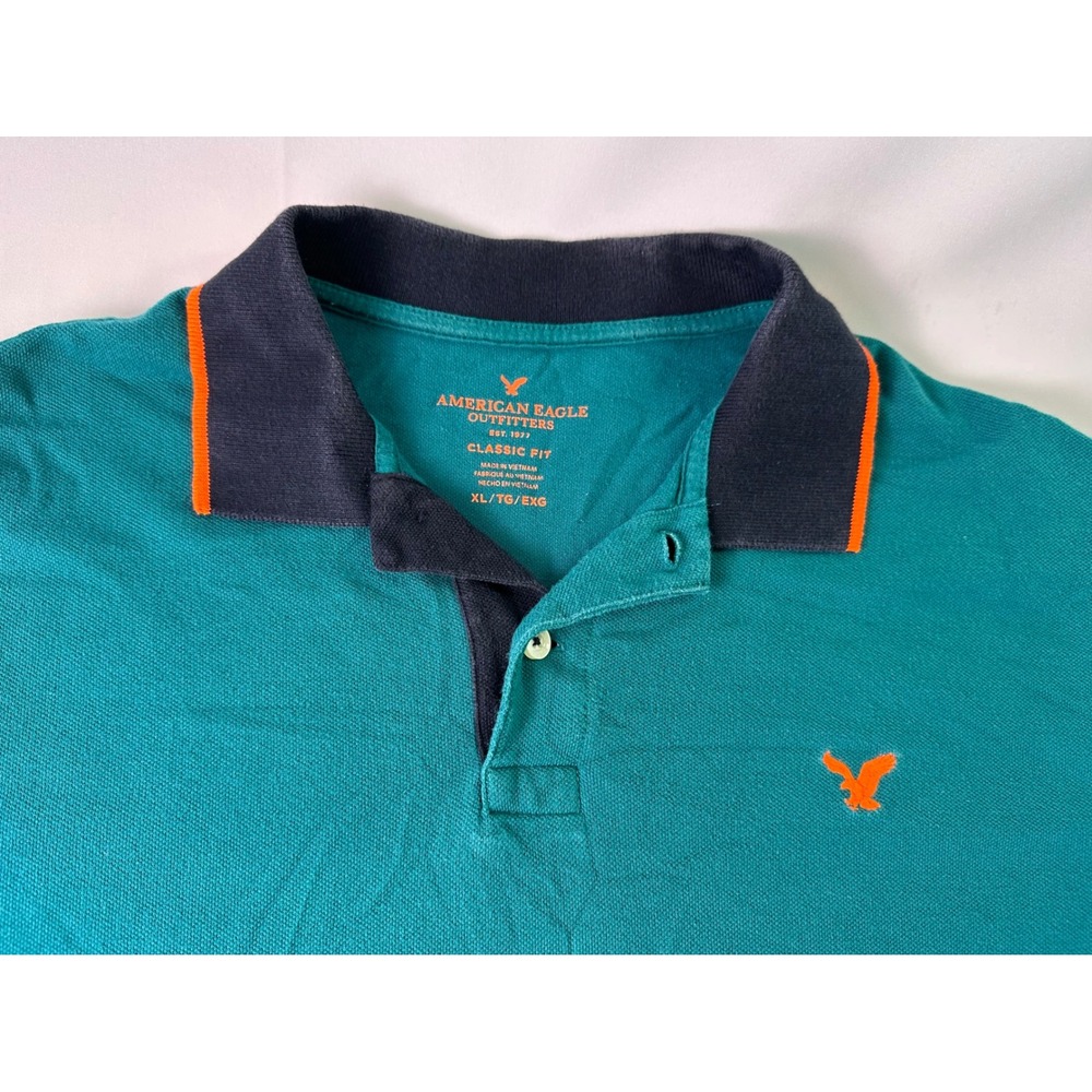 American‎ Eagle XL Classic Fit Teal Polo Shirt Navy Collar Orange Trim AEO